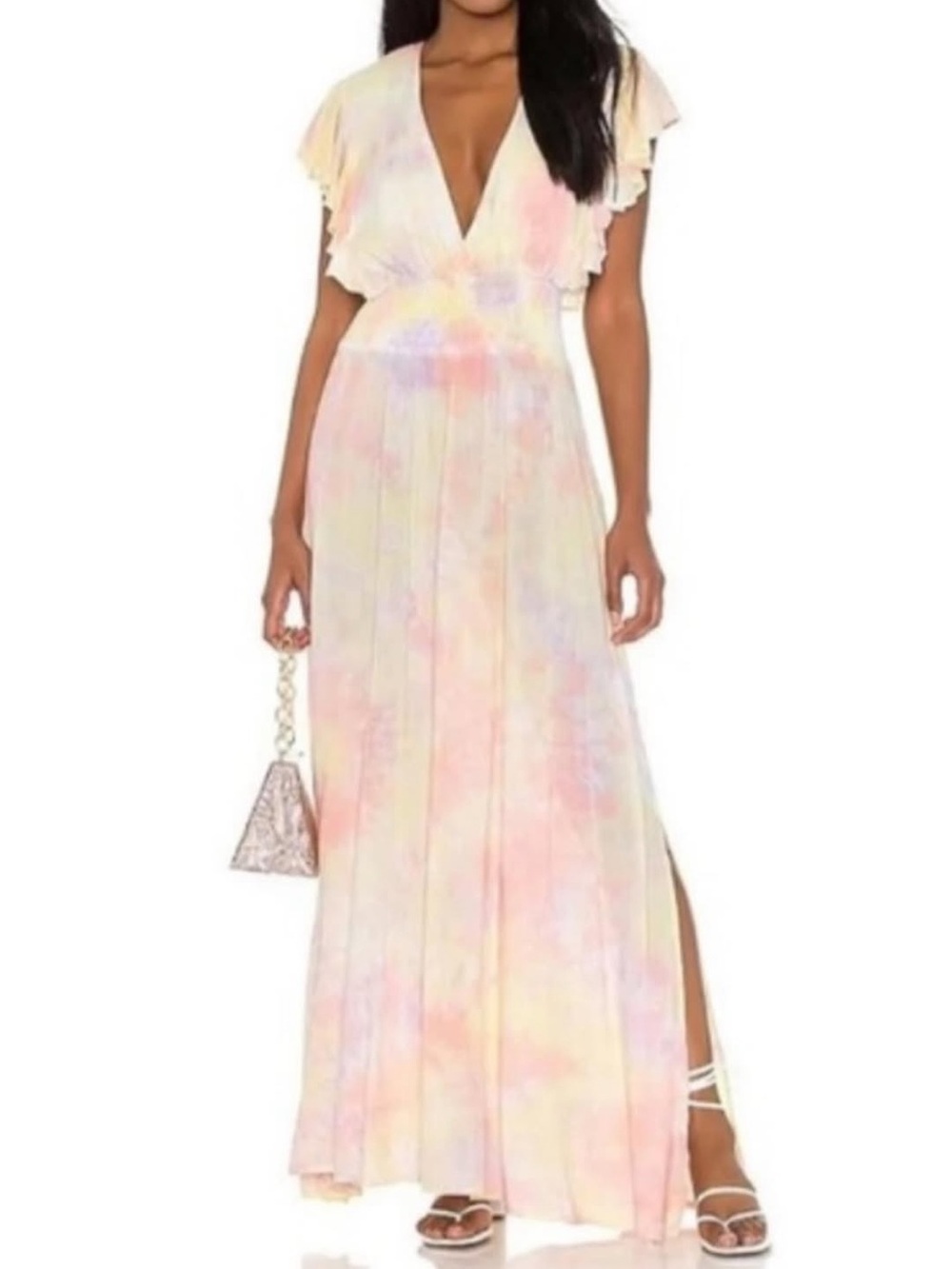 Pastel Tie-Dye V-Neck Maxi Dress in Pink & Cream